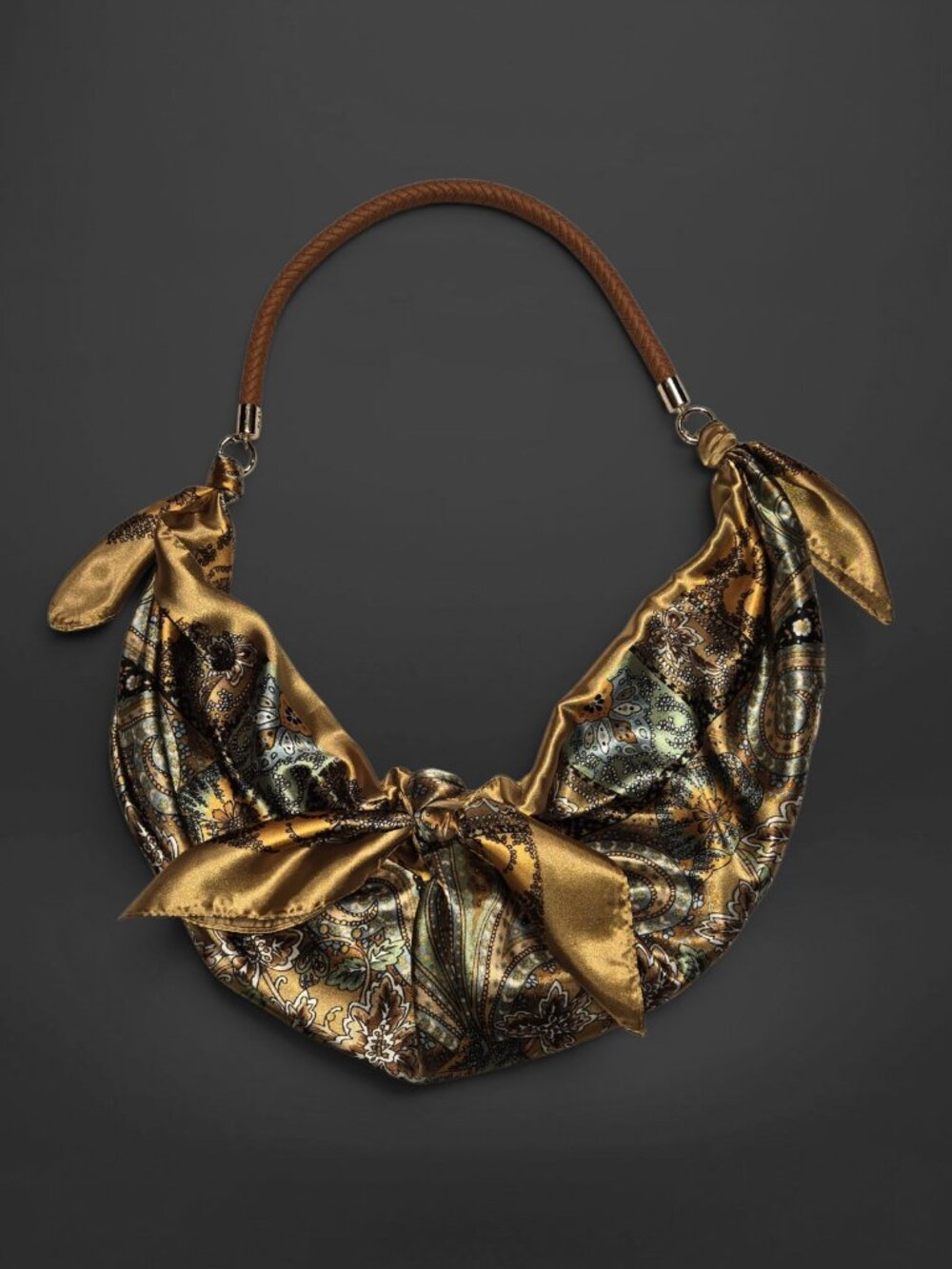Japanese Furoshiki Scarf Bronze Brown Paisley Floral Slouch Hobo Shoulder Purse